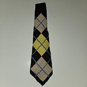 VTG Handmade Knit Neck Tie Argyle Brown Blue Yellow Tan 52" Long 3.5" Wide